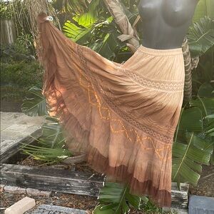 Ombré, cotton, tiered, appliqué, crochet, and ruffled skirt